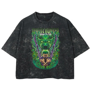 Playera streetwear premium de anime y gaming ExtraLife MX, corte boxy deluxe mineral wash heavyweight en color Acid Wash, moda urbana mexicana de culto.