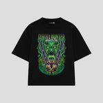 Playera streetwear premium de anime y gaming ExtraLife MX, corte boxy oversized drop shoulder heavyweight en color Deep Black y Off-White, moda urbana mexicana de culto.