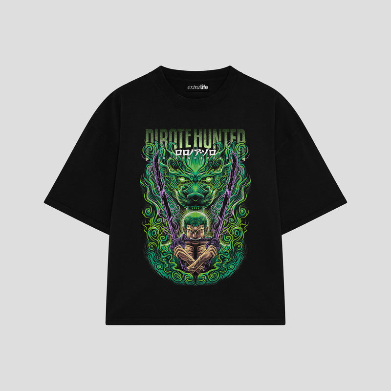 Playera streetwear premium de anime y gaming ExtraLife MX, corte boxy oversized drop shoulder heavyweight en color Deep Black y Off-White, moda urbana mexicana de culto.