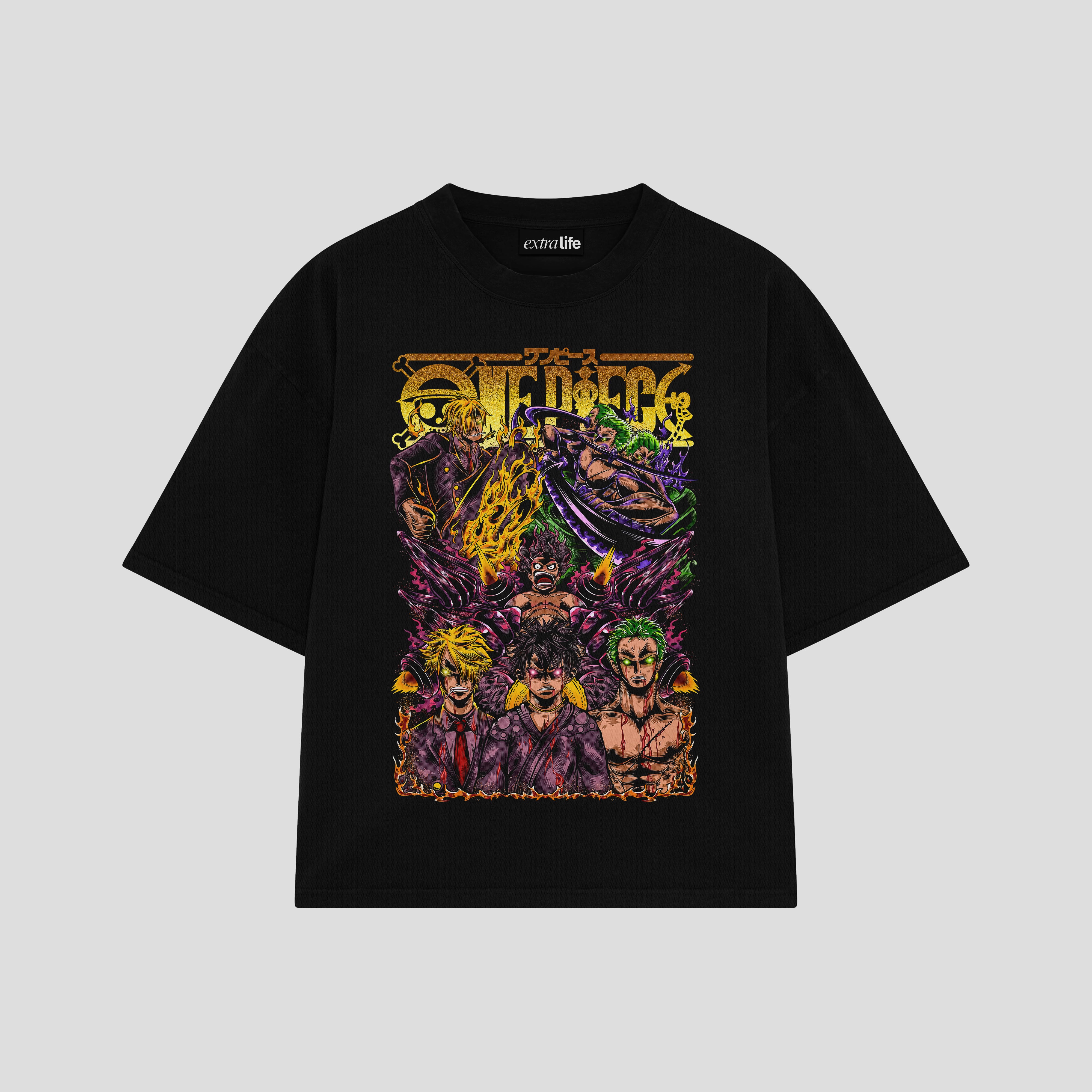 Playera streetwear premium de anime y gaming ExtraLife MX, corte boxy oversized drop shoulder heavyweight en color Deep Black y Off-White, moda urbana mexicana de culto.