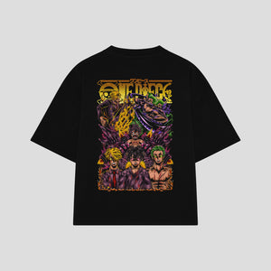 Playera streetwear premium de anime y gaming ExtraLife MX, corte boxy oversized drop shoulder heavyweight en color Deep Black y Off-White, moda urbana mexicana de culto.