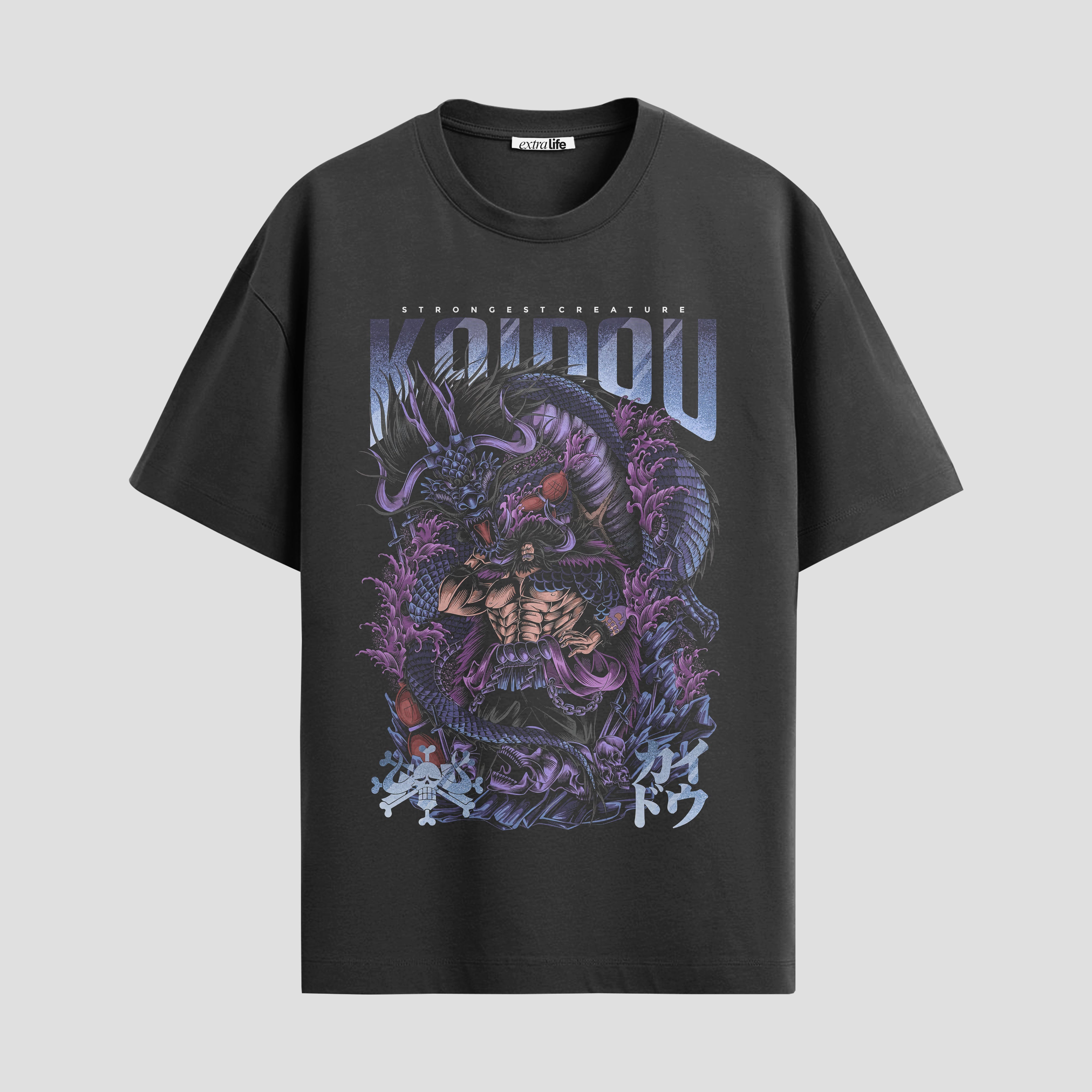 Playera urbana de anime y gaming ExtraLife MX, corte Standard Fit unisex ligero y transpirable en color Deep Black y Pure White, ropa de uso diario para gym y casual.