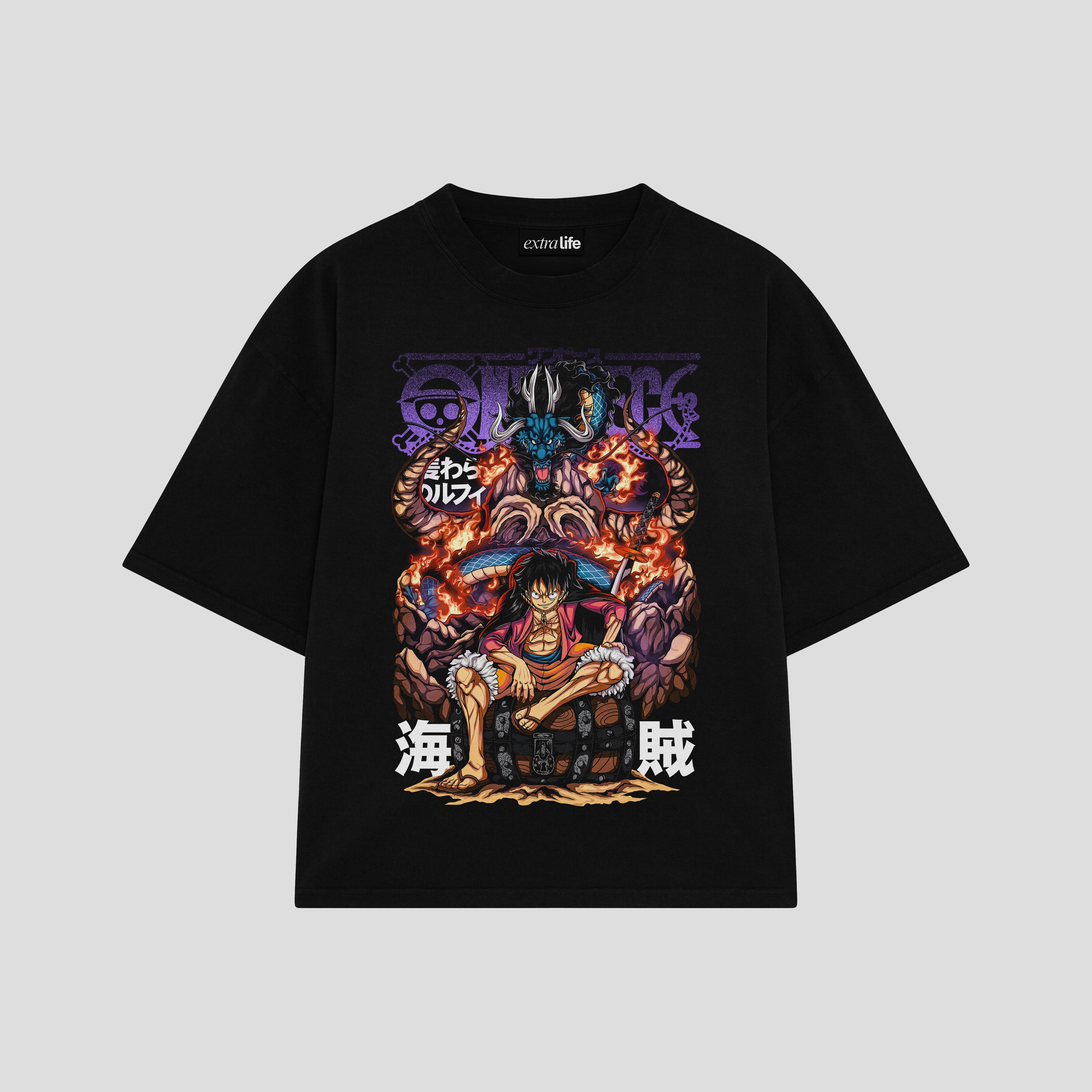 Playera streetwear premium de anime y gaming ExtraLife MX, corte boxy oversized drop shoulder heavyweight en color Deep Black y Off-White, moda urbana mexicana de culto.