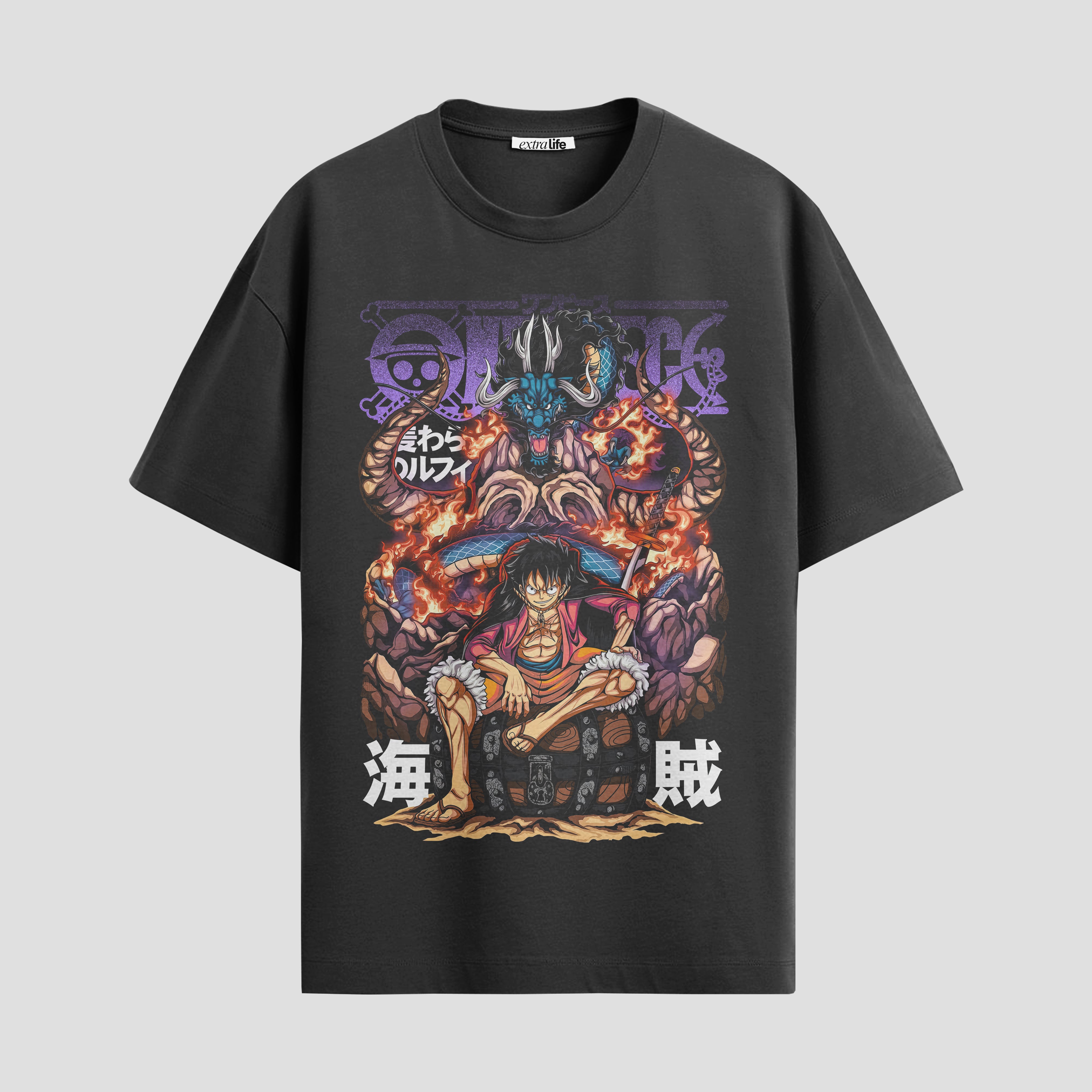 Playera urbana de anime y gaming ExtraLife MX, corte Standard Fit unisex ligero y transpirable en color Deep Black y Pure White, ropa de uso diario para gym y casual.