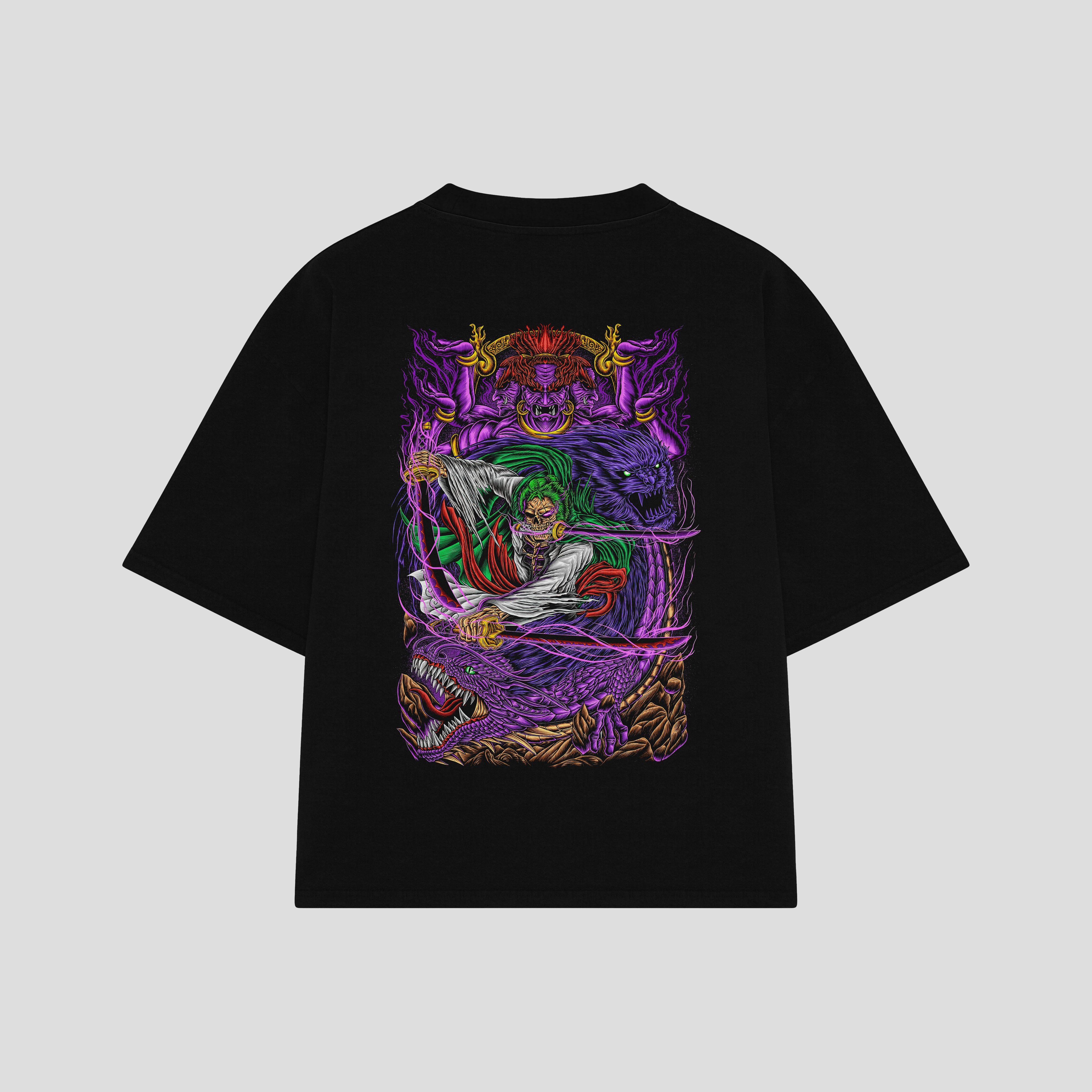 Playera streetwear premium de anime y gaming ExtraLife MX, corte boxy oversized drop shoulder heavyweight en color Deep Black y Off-White, moda urbana mexicana de culto.