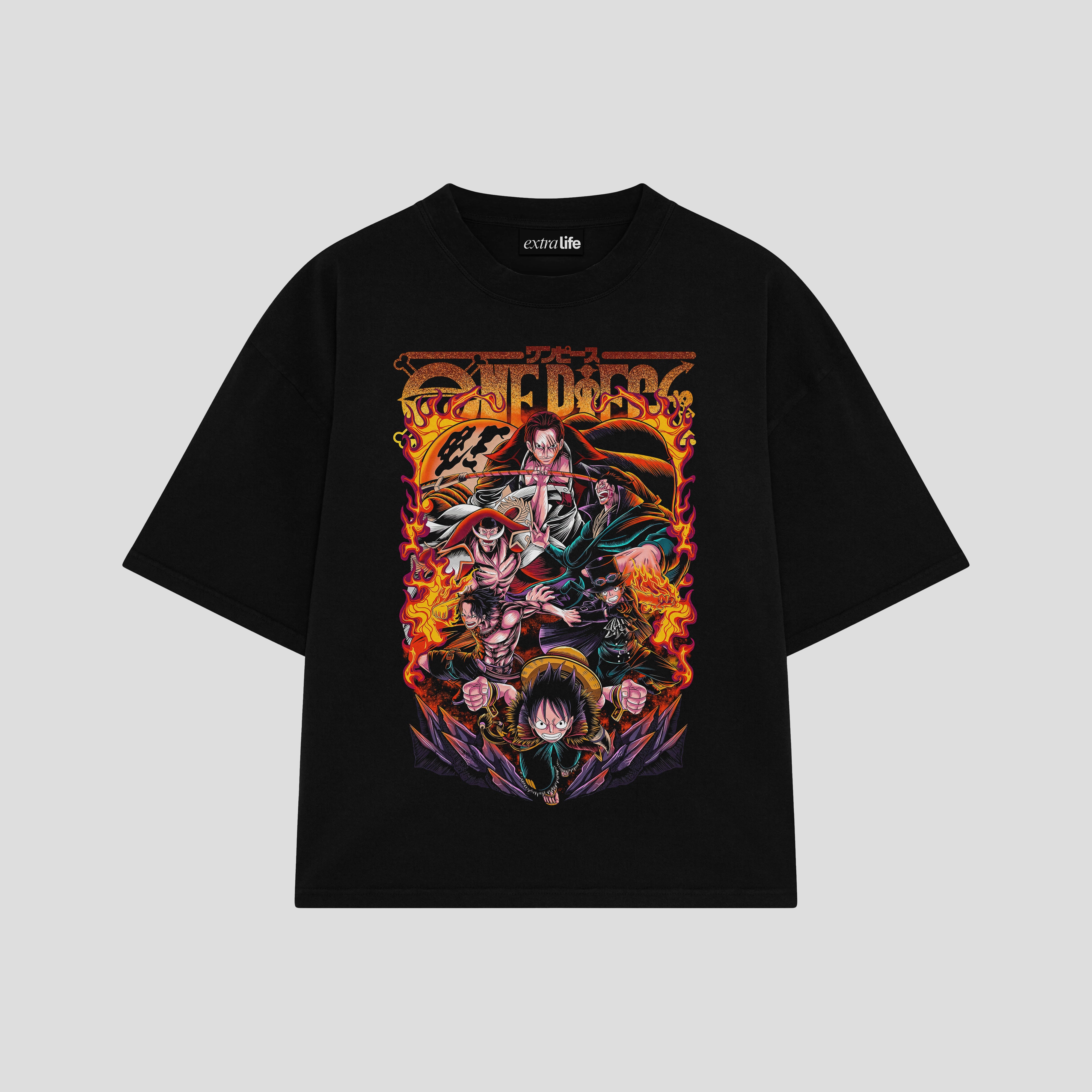 Playera streetwear premium de anime y gaming ExtraLife MX, corte boxy oversized drop shoulder heavyweight en color Deep Black y Off-White, moda urbana mexicana de culto.
