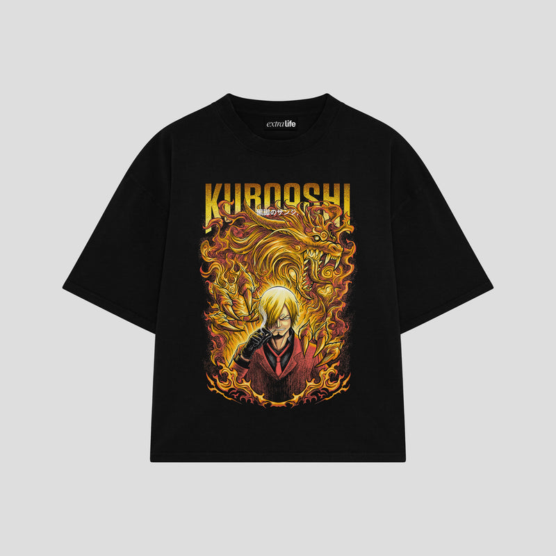 Playera streetwear premium de anime y gaming ExtraLife MX, corte boxy oversized drop shoulder heavyweight en color Deep Black y Off-White, moda urbana mexicana de culto.