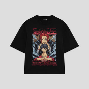 Playera streetwear premium de anime y gaming ExtraLife MX, corte boxy oversized drop shoulder heavyweight en color Deep Black y Off-White, moda urbana mexicana de culto.