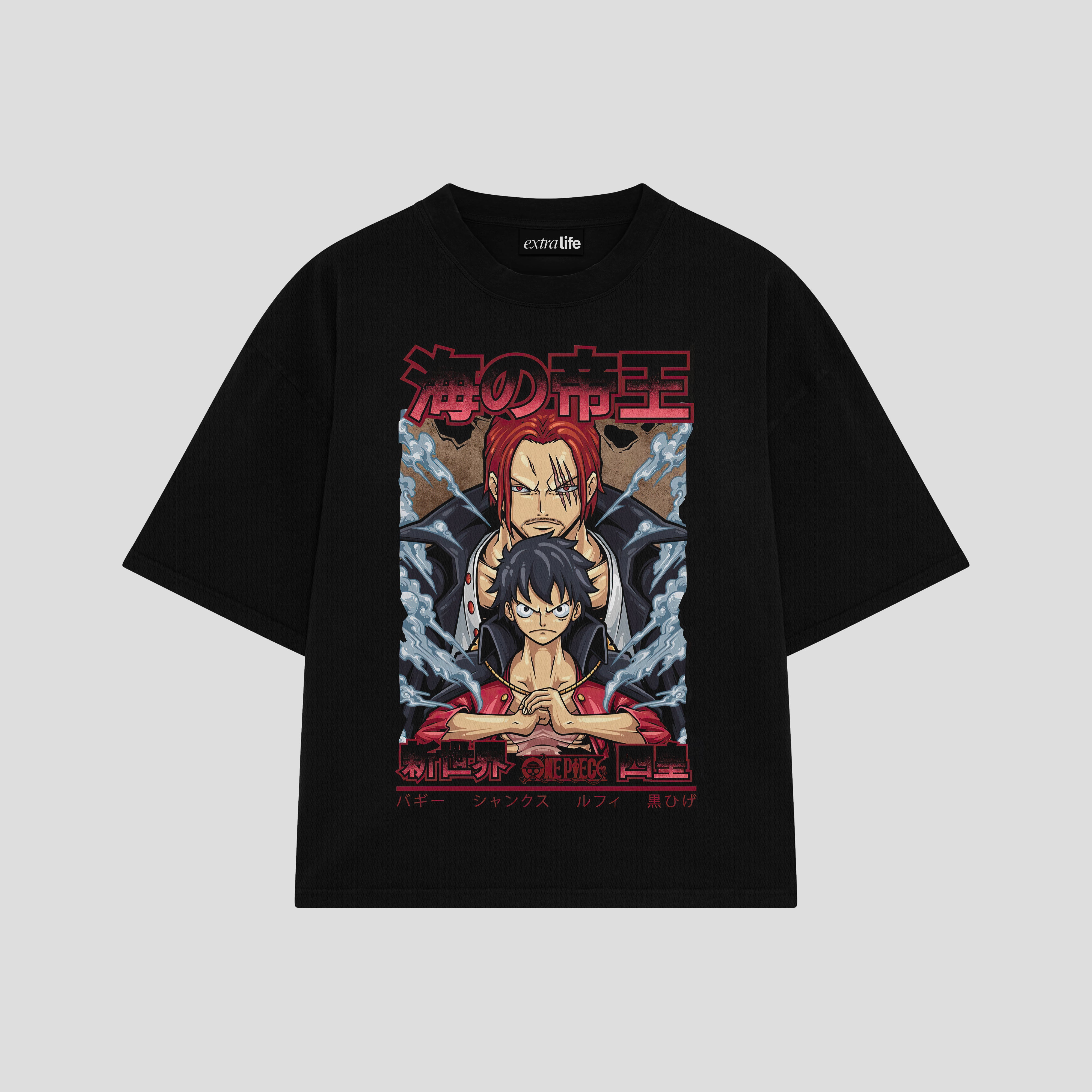 Playera streetwear premium de anime y gaming ExtraLife MX, corte boxy oversized drop shoulder heavyweight en color Deep Black y Off-White, moda urbana mexicana de culto.