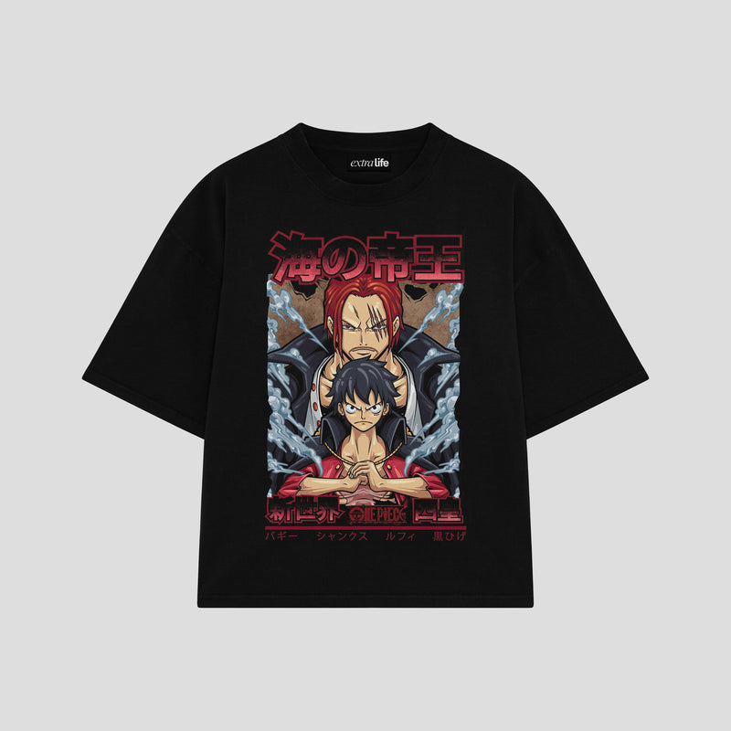 Playera streetwear premium de anime y gaming ExtraLife MX, corte boxy oversized drop shoulder heavyweight en color Deep Black y Off-White, moda urbana mexicana de culto.