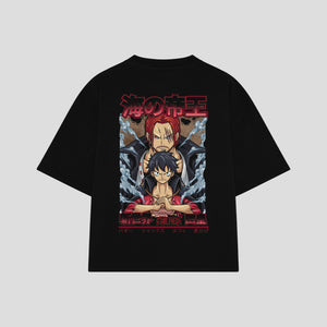 Playera streetwear premium de anime y gaming ExtraLife MX, corte boxy oversized drop shoulder heavyweight en color Deep Black y Off-White, moda urbana mexicana de culto.