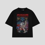 Playera streetwear premium de anime y gaming ExtraLife MX, corte boxy oversized drop shoulder heavyweight en color Deep Black y Off-White, moda urbana mexicana de culto.