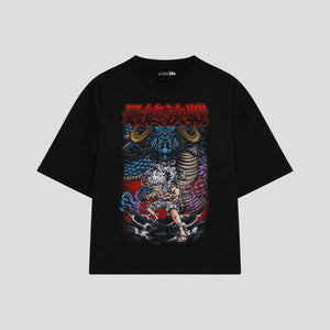 Playera streetwear premium de anime y gaming ExtraLife MX, corte boxy oversized drop shoulder heavyweight en color Deep Black y Off-White, moda urbana mexicana de culto.