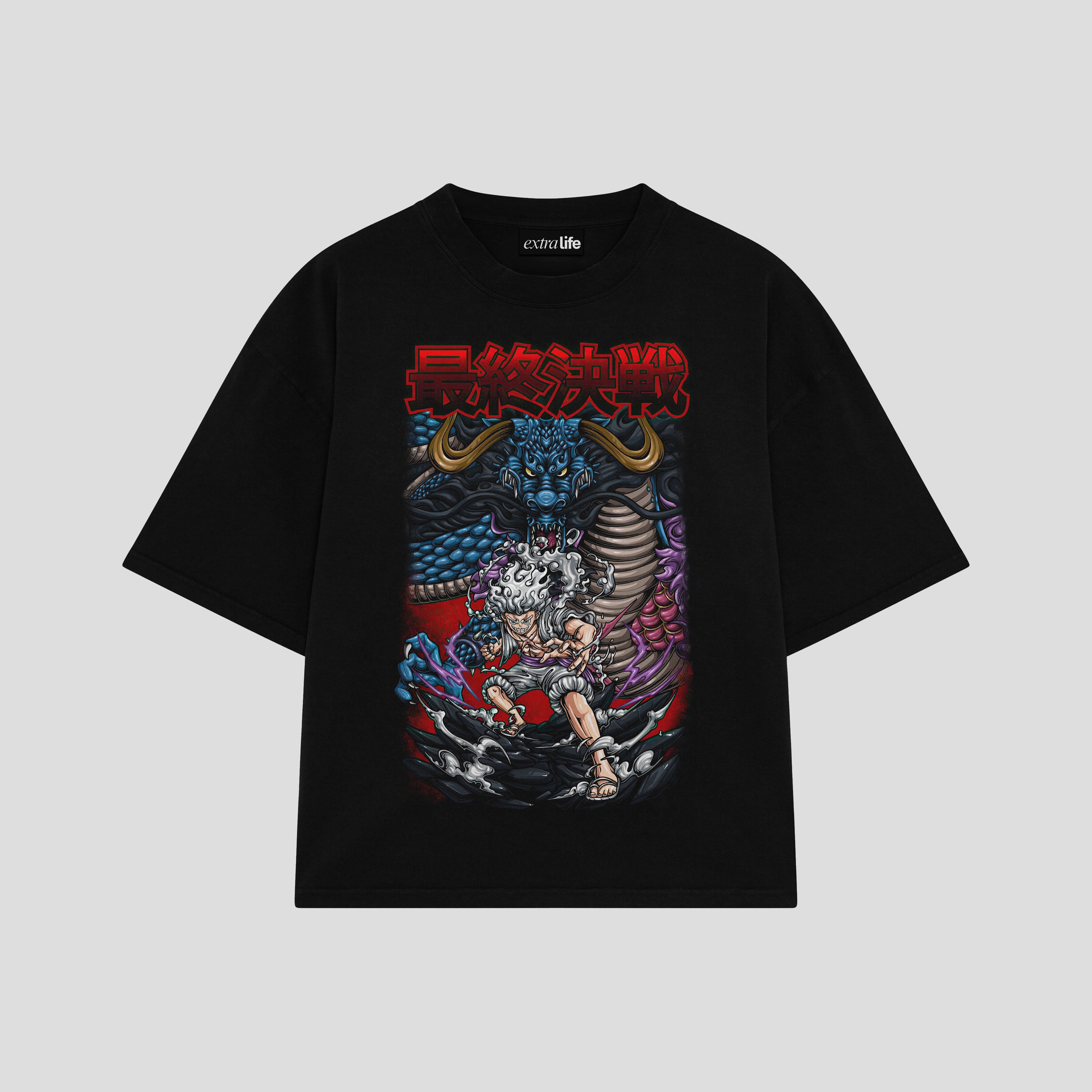 Playera streetwear premium de anime y gaming ExtraLife MX, corte boxy oversized drop shoulder heavyweight en color Deep Black y Off-White, moda urbana mexicana de culto.