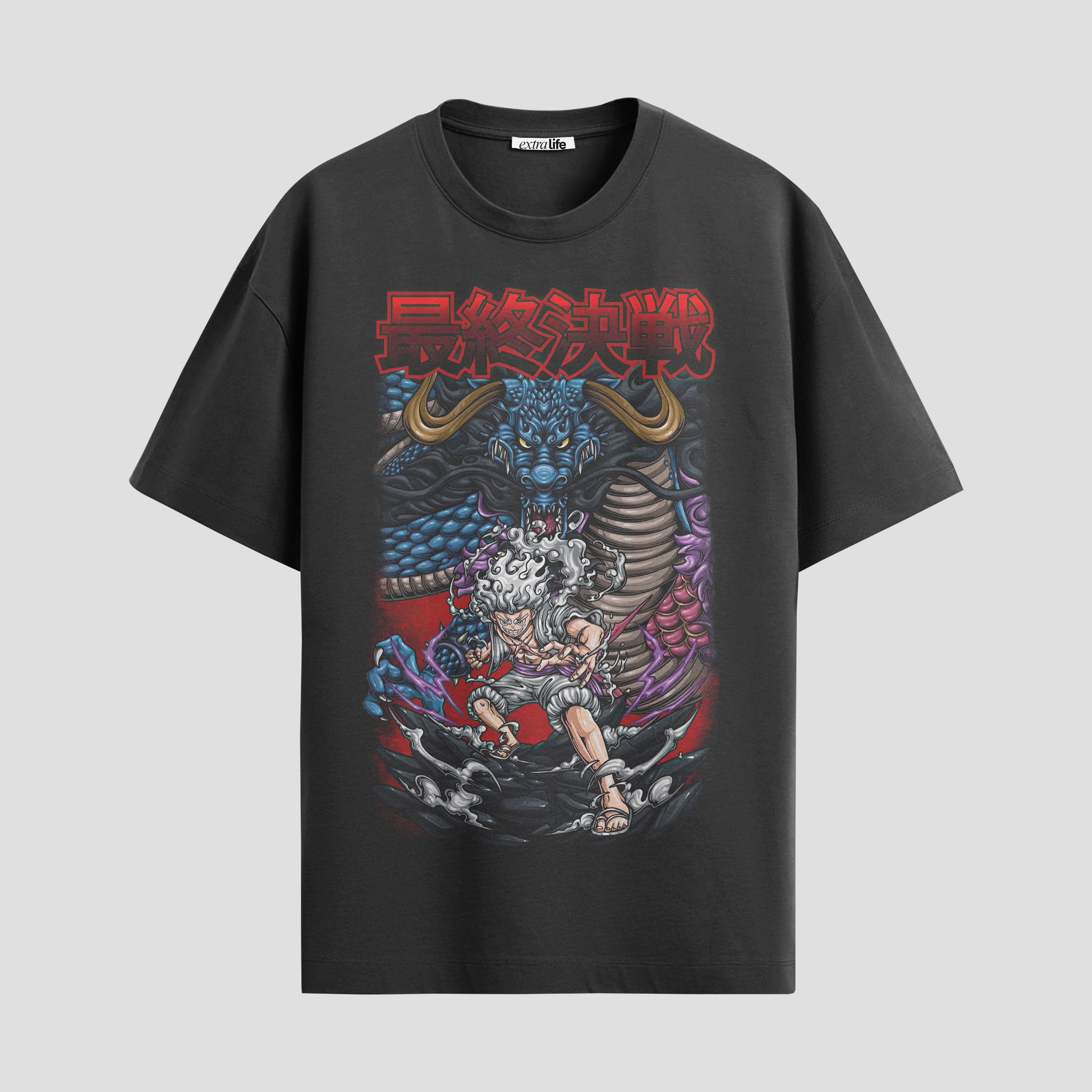 Playera urbana de anime y gaming ExtraLife MX, corte Standard Fit unisex ligero y transpirable en color Deep Black y Pure White, ropa de uso diario para gym y casual.