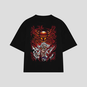 Playera streetwear premium de anime y gaming ExtraLife MX, corte boxy oversized drop shoulder heavyweight en color Deep Black y Off-White, moda urbana mexicana de culto.