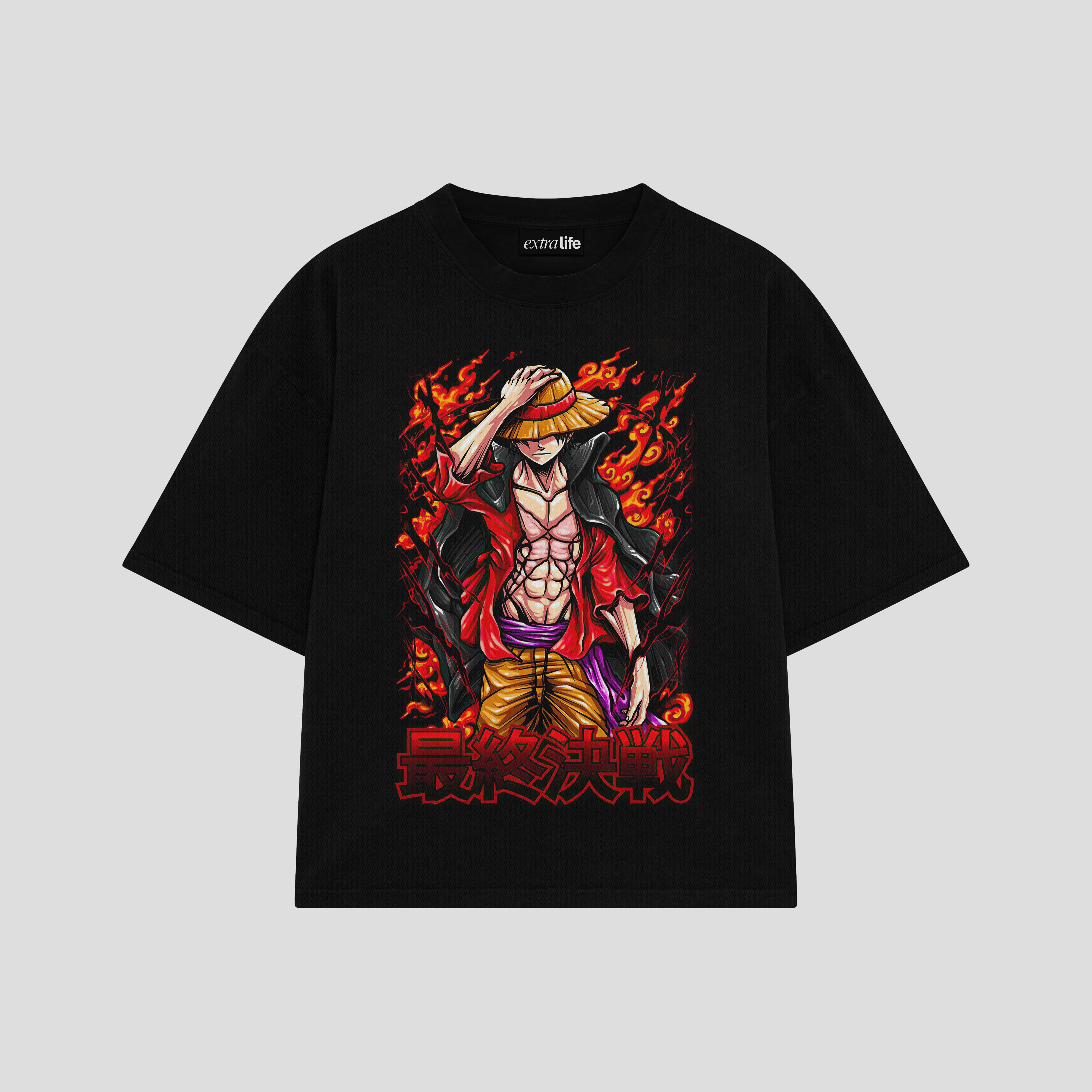 Playera streetwear premium de anime y gaming ExtraLife MX, corte boxy oversized drop shoulder heavyweight en color Deep Black y Off-White, moda urbana mexicana de culto.