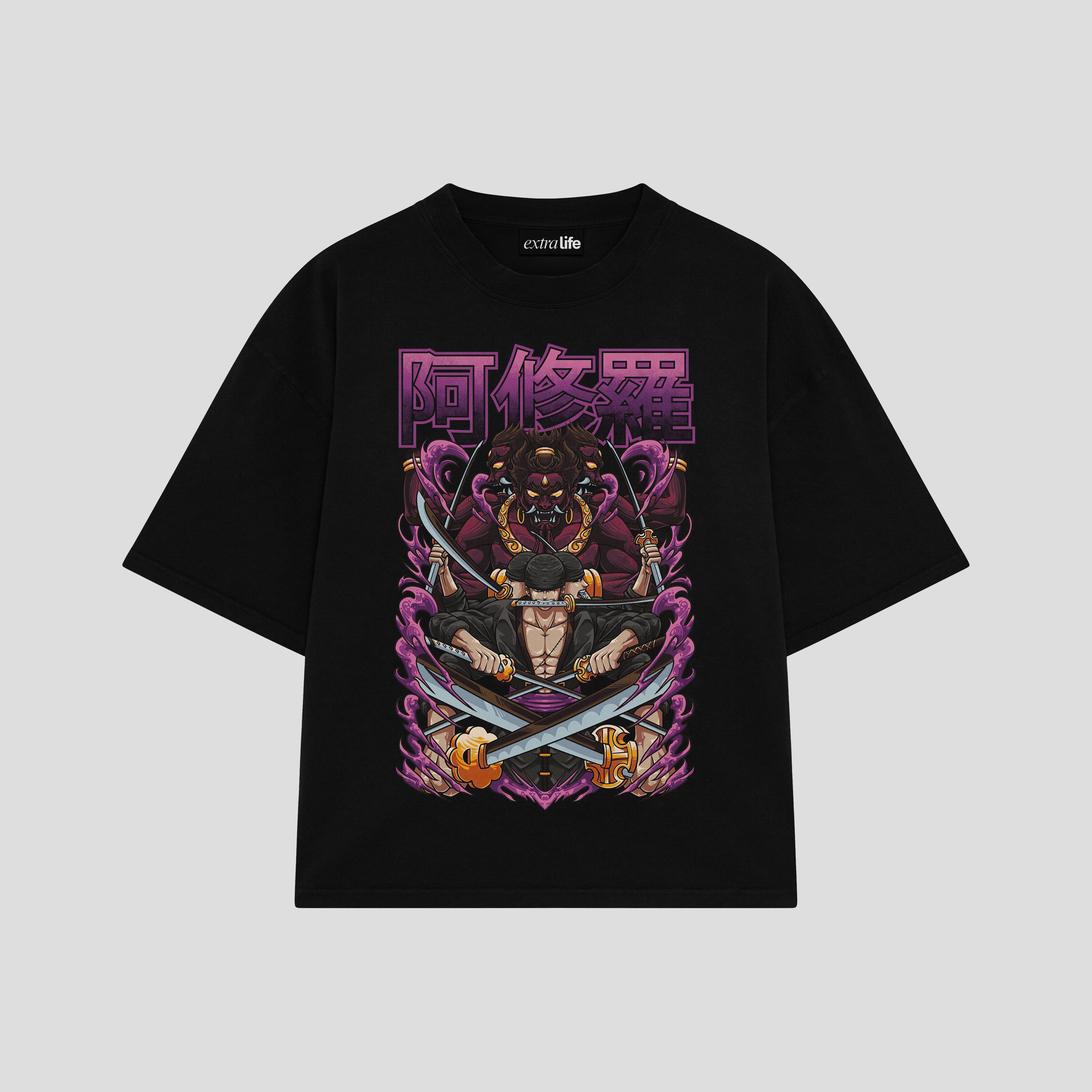 Playera streetwear premium de anime y gaming ExtraLife MX, corte boxy oversized drop shoulder heavyweight en color Deep Black y Off-White, moda urbana mexicana de culto.