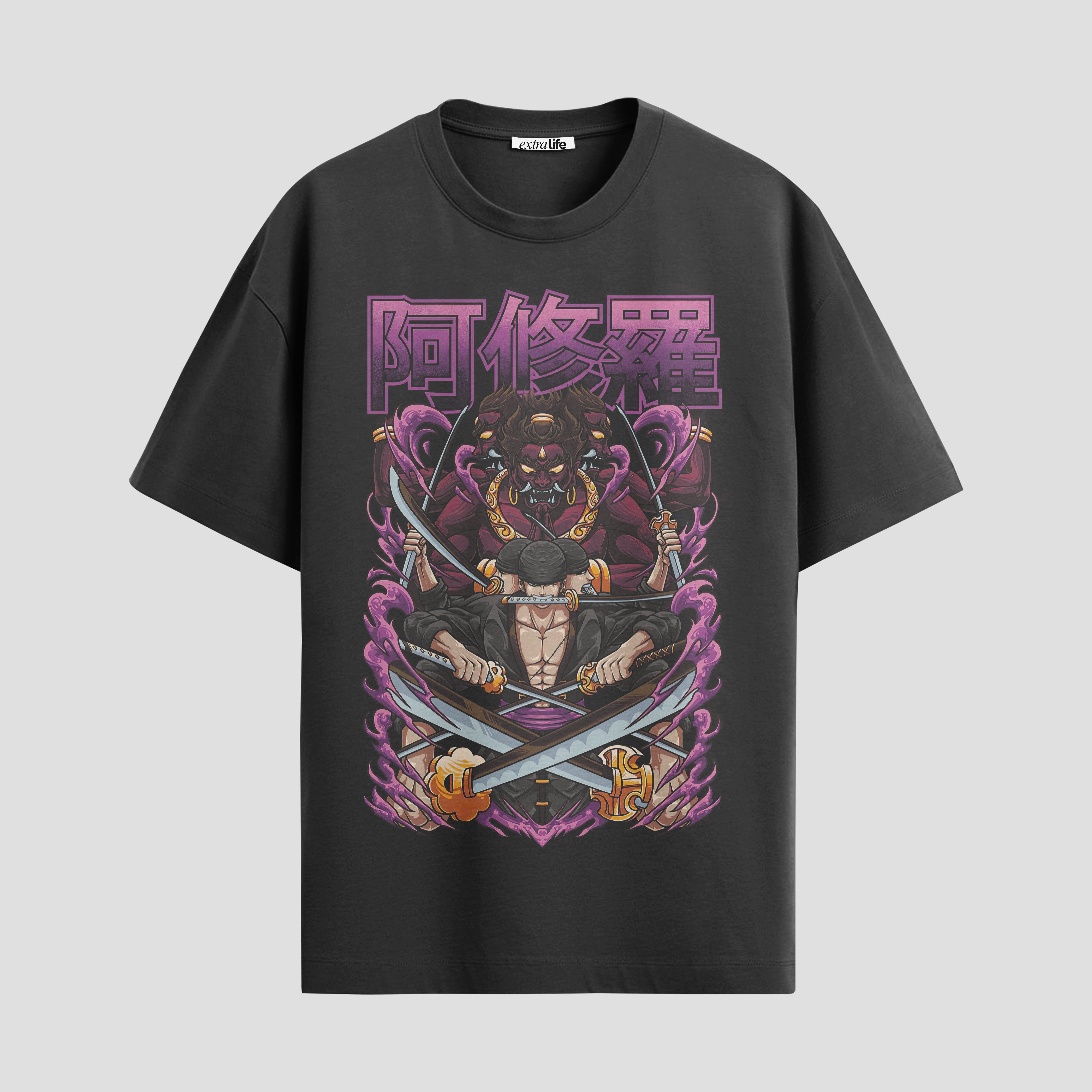 Playera urbana de anime y gaming ExtraLife MX, corte Standard Fit unisex ligero y transpirable en color Deep Black y Pure White, ropa de uso diario para gym y casual.