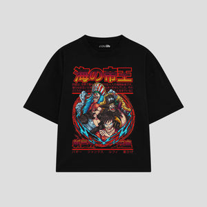 Playera streetwear premium de anime y gaming ExtraLife MX, corte boxy oversized drop shoulder heavyweight en color Deep Black y Off-White, moda urbana mexicana de culto.