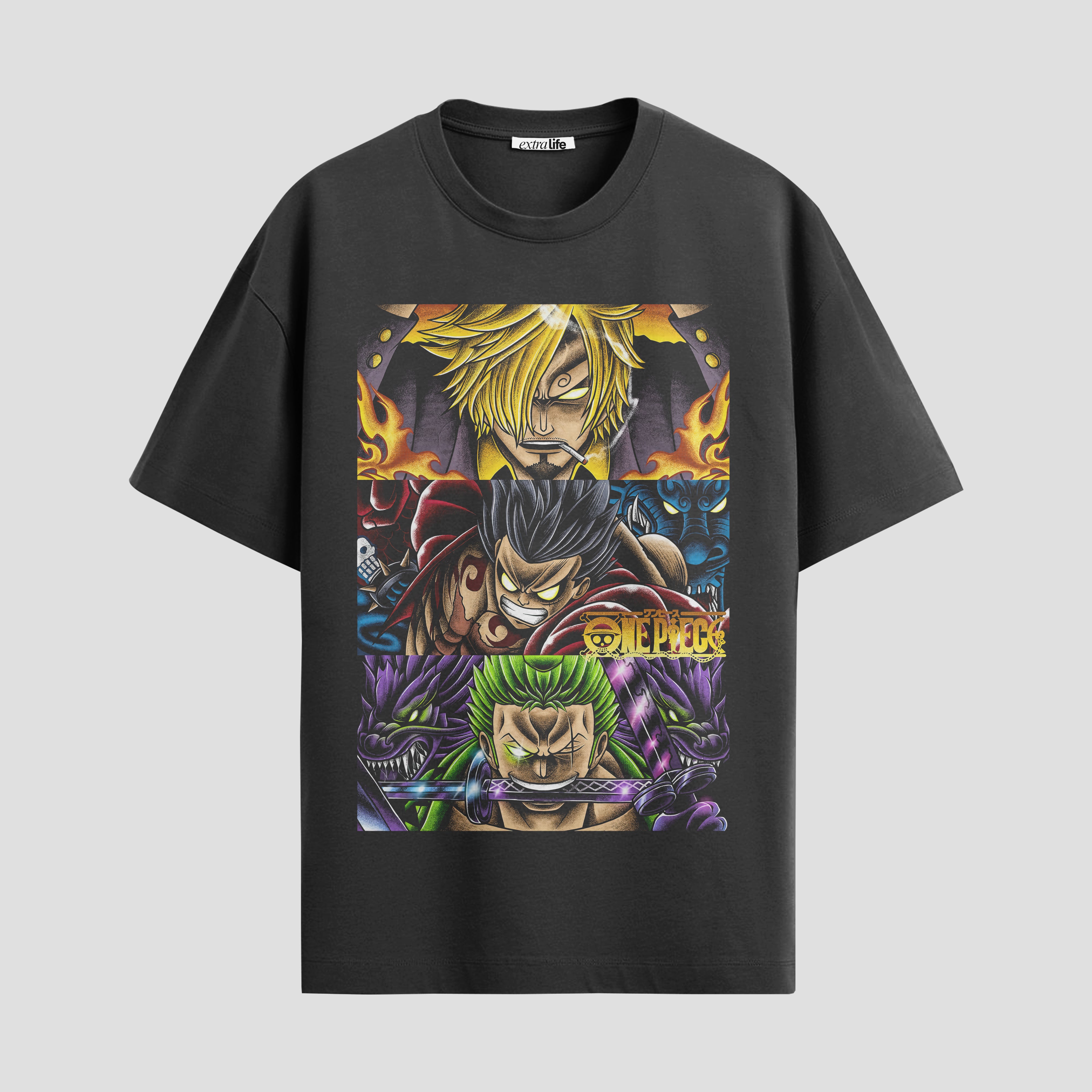 Playera urbana de anime y gaming ExtraLife MX, corte Standard Fit unisex ligero y transpirable en color Deep Black y Pure White, ropa de uso diario para gym y casual.
