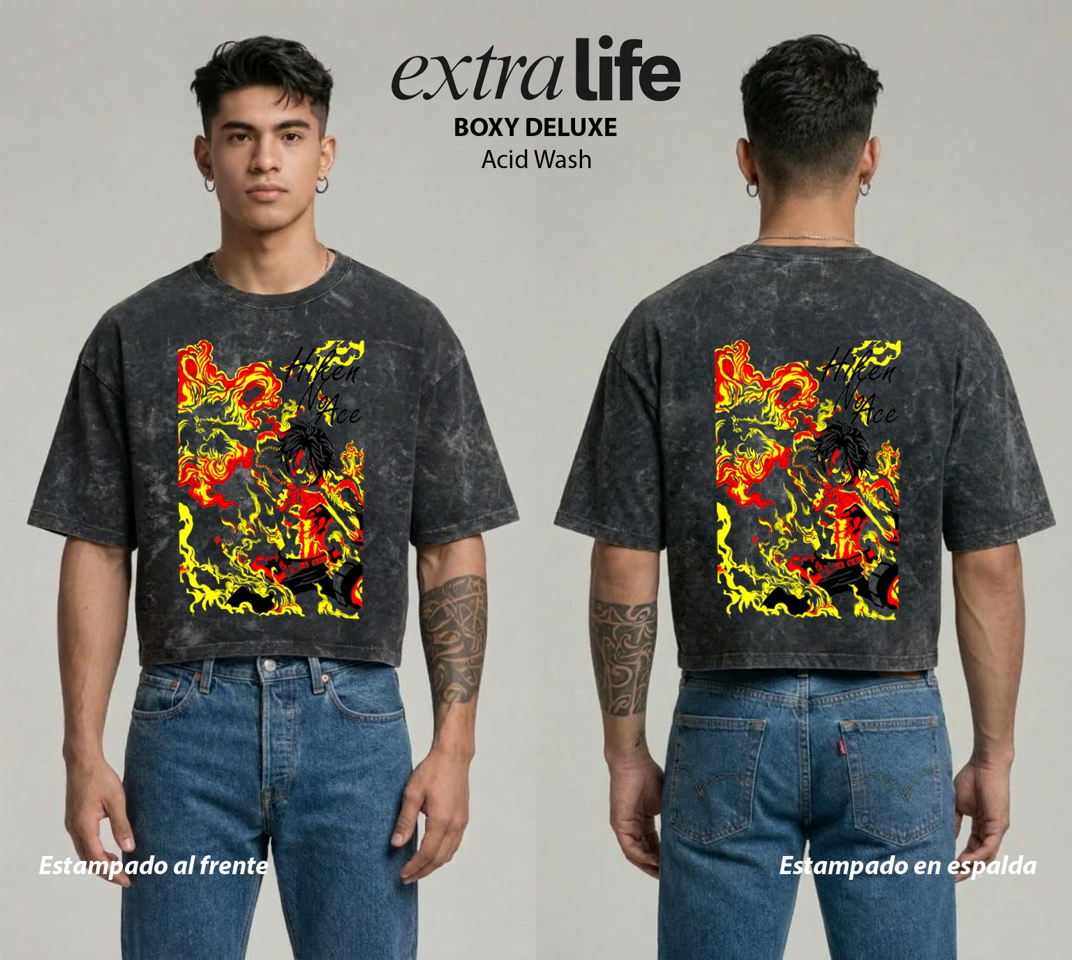 Playera streetwear premium de anime y gaming ExtraLife MX, corte boxy deluxe mineral wash heavyweight en color Acid Wash, moda urbana mexicana de culto.
