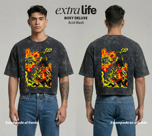 Playera streetwear premium de anime y gaming ExtraLife MX, corte boxy deluxe mineral wash heavyweight en color Acid Wash, moda urbana mexicana de culto.