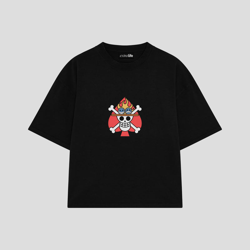 Playera streetwear premium de anime y gaming ExtraLife MX, corte boxy oversized drop shoulder heavyweight en color Deep Black y Off-White, moda urbana mexicana de culto.