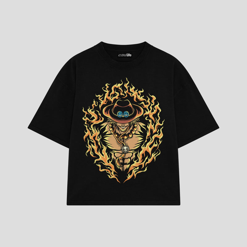 Playera streetwear premium de anime y gaming ExtraLife MX, corte boxy oversized drop shoulder heavyweight en color Deep Black y Off-White, moda urbana mexicana de culto.