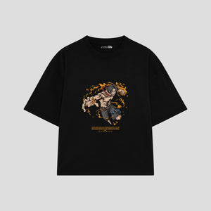 Playera streetwear premium de anime y gaming ExtraLife MX, corte boxy oversized drop shoulder heavyweight en color Deep Black y Off-White, moda urbana mexicana de culto.
