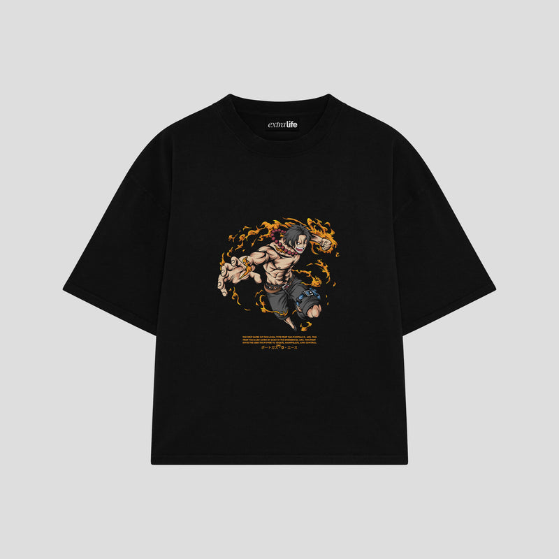 Playera streetwear premium de anime y gaming ExtraLife MX, corte boxy oversized drop shoulder heavyweight en color Deep Black y Off-White, moda urbana mexicana de culto.