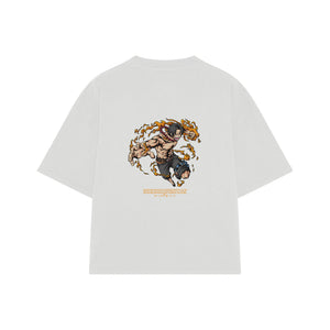 Playera streetwear premium de anime y gaming ExtraLife MX, corte boxy oversized drop shoulder heavyweight en color Deep Black y Off-White, moda urbana mexicana de culto.