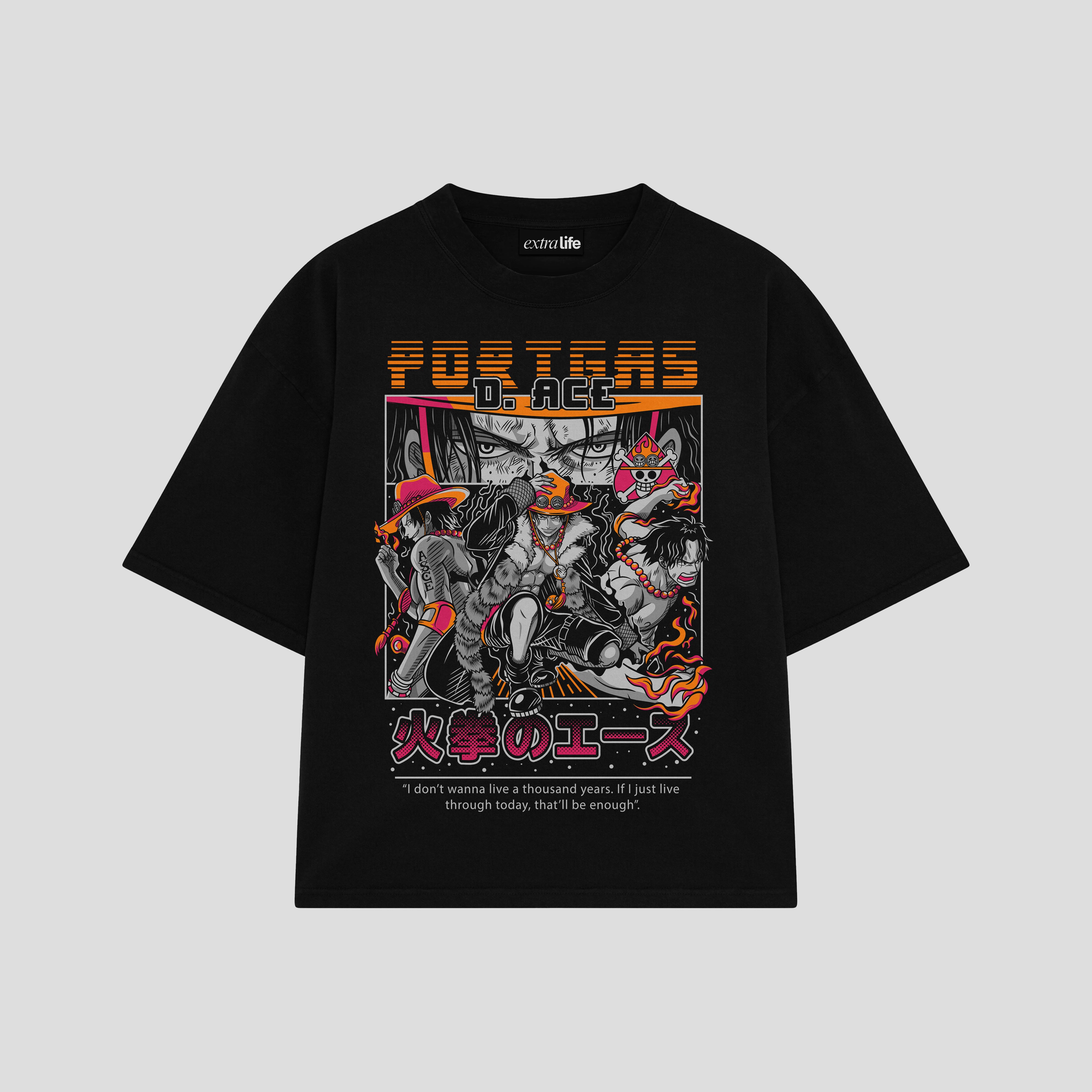 Playera streetwear premium de anime y gaming ExtraLife MX, corte boxy oversized drop shoulder heavyweight en color Deep Black y Off-White, moda urbana mexicana de culto.