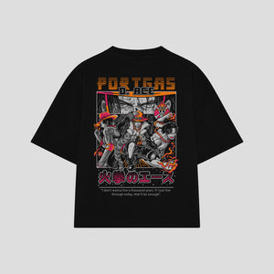 Playera streetwear premium de anime y gaming ExtraLife MX, corte boxy oversized drop shoulder heavyweight en color Deep Black y Off-White, moda urbana mexicana de culto.