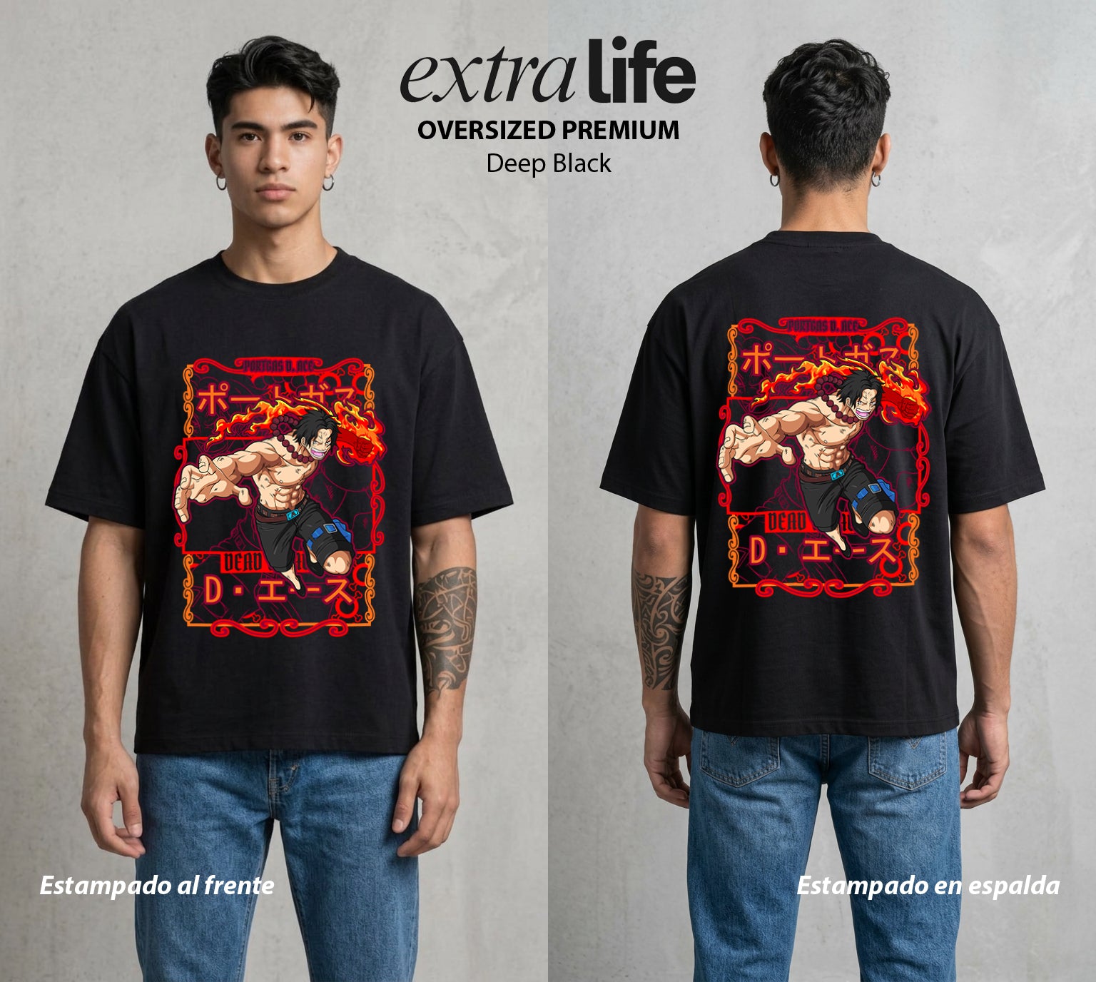 Mar de los Piratas | Puño de Fuego #03024 - Playera Oversized Premium | Deep Black - Foto en modelo