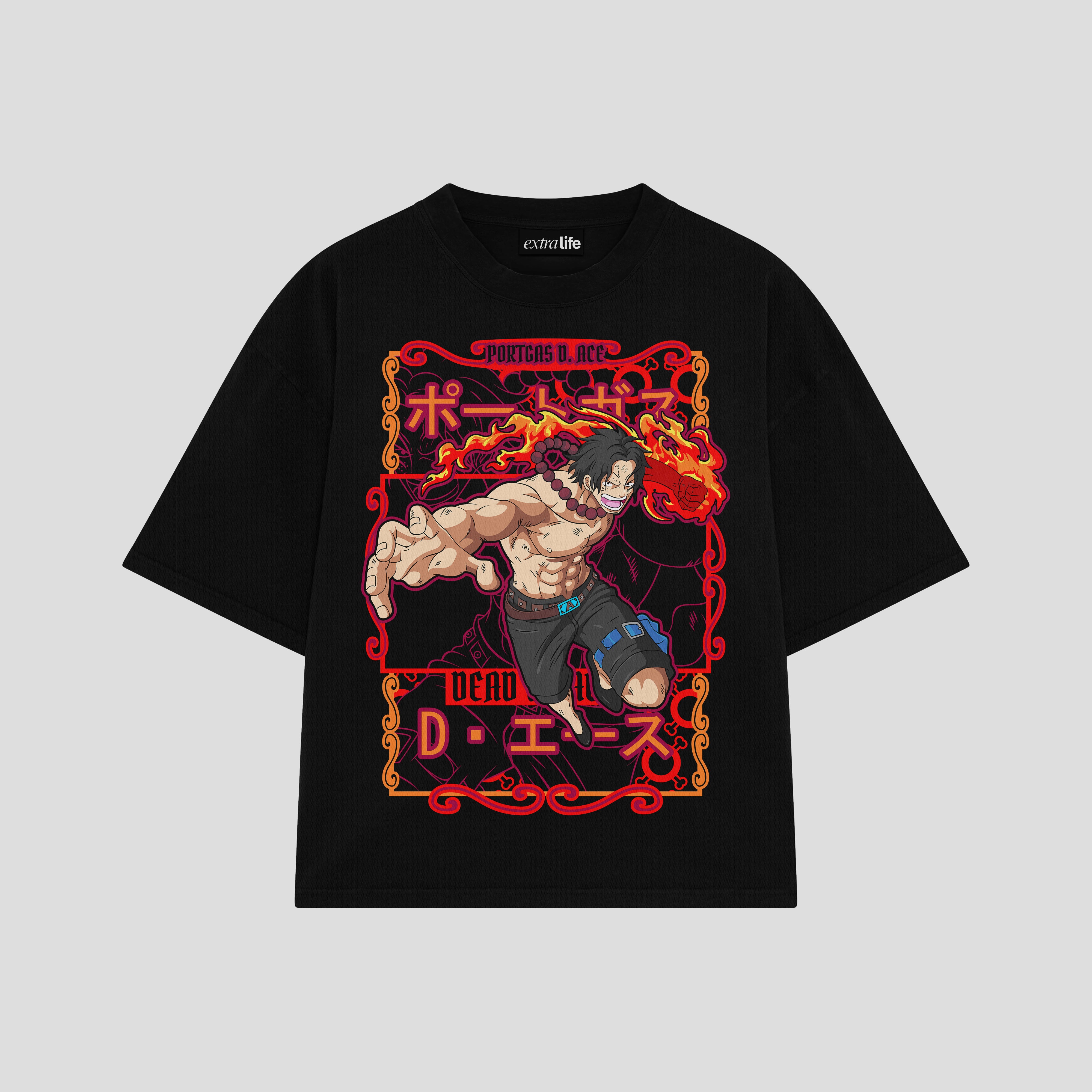 Playera streetwear premium de anime y gaming ExtraLife MX, corte boxy oversized drop shoulder heavyweight en color Deep Black y Off-White, moda urbana mexicana de culto.