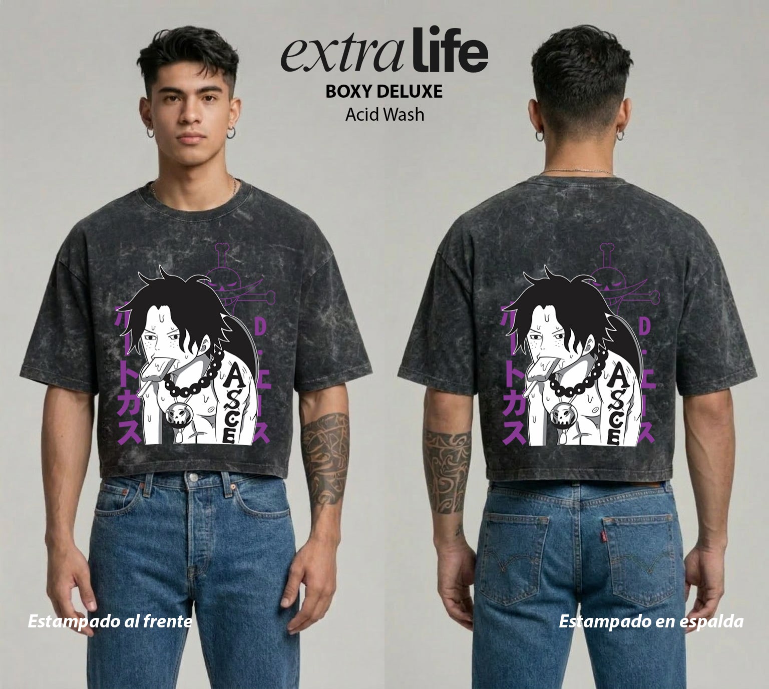 Playera streetwear premium de anime y gaming ExtraLife MX, corte boxy deluxe mineral wash heavyweight en color Acid Wash, moda urbana mexicana de culto.
