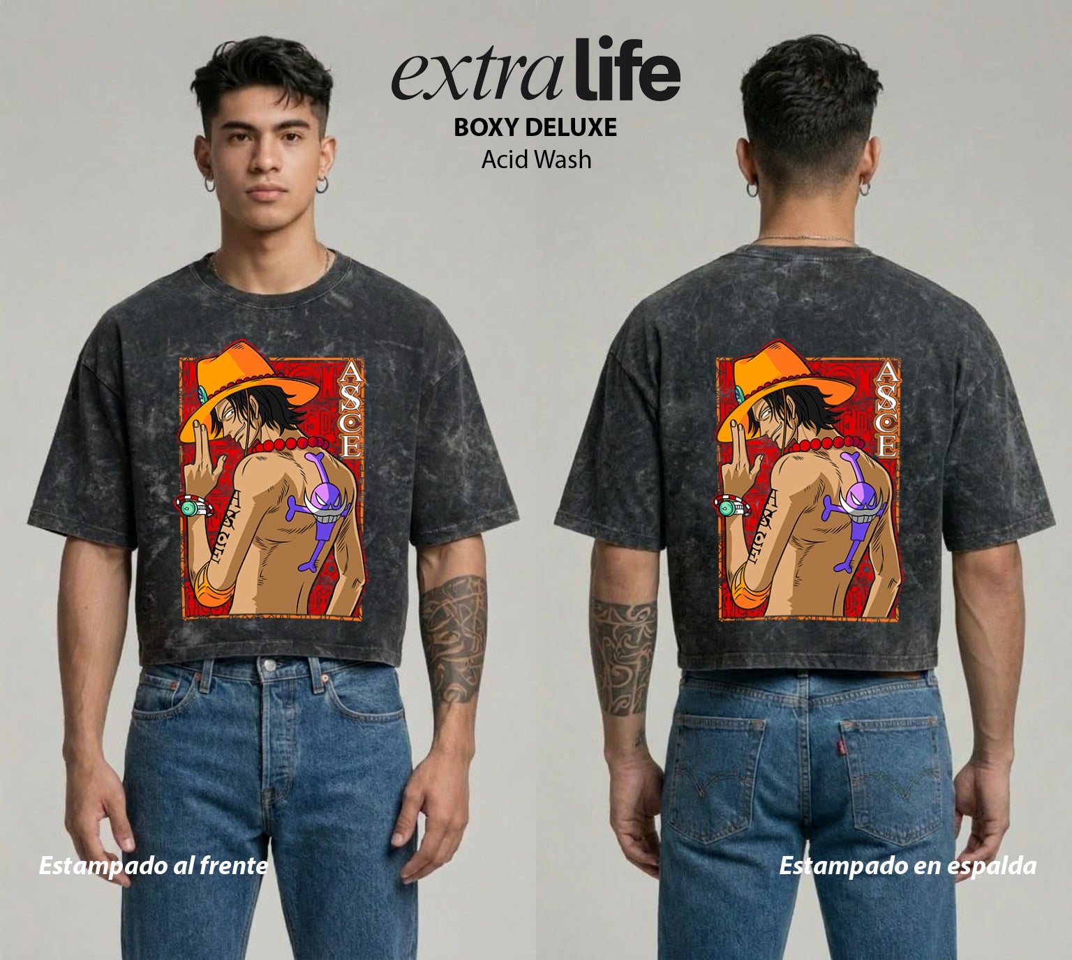 Playera streetwear premium de anime y gaming ExtraLife MX, corte boxy deluxe mineral wash heavyweight en color Acid Wash, moda urbana mexicana de culto.