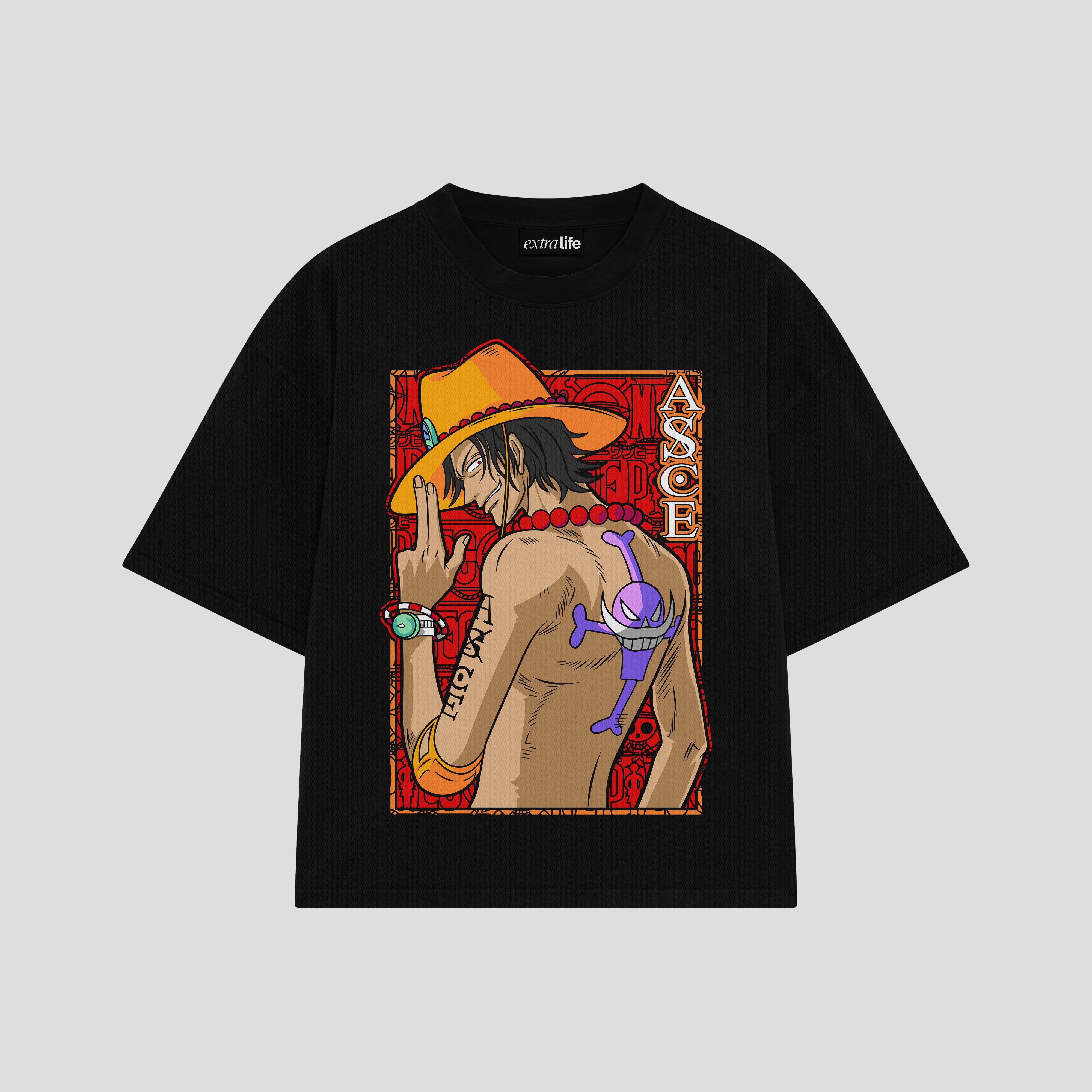 Playera streetwear premium de anime y gaming ExtraLife MX, corte boxy oversized drop shoulder heavyweight en color Deep Black y Off-White, moda urbana mexicana de culto.