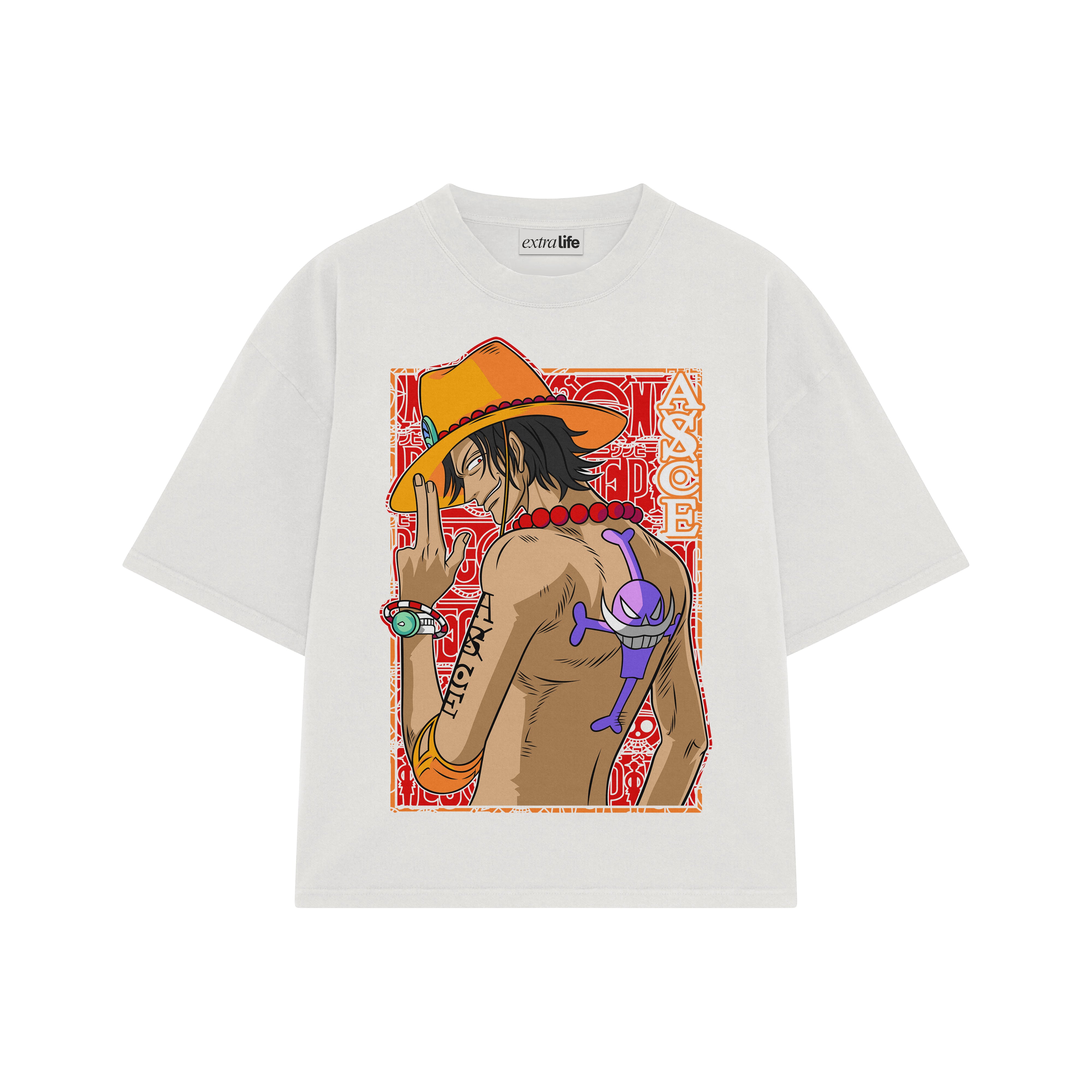 Playera streetwear premium de anime y gaming ExtraLife MX, corte boxy oversized drop shoulder heavyweight en color Deep Black y Off-White, moda urbana mexicana de culto.