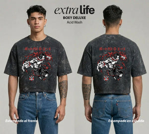 Playera streetwear premium de anime y gaming ExtraLife MX, corte boxy deluxe mineral wash heavyweight en color Acid Wash, moda urbana mexicana de culto.
