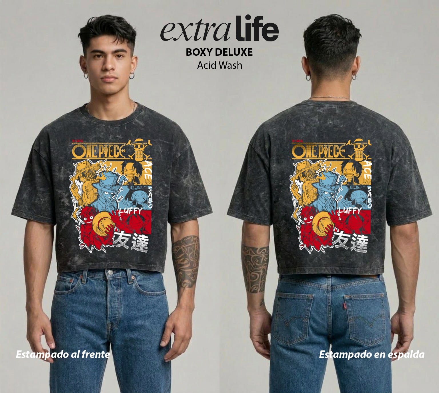 Playera streetwear premium de anime y gaming ExtraLife MX, corte boxy deluxe mineral wash heavyweight en color Acid Wash, moda urbana mexicana de culto.