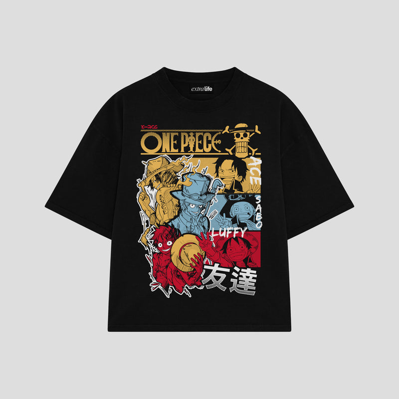 Playera streetwear premium de anime y gaming ExtraLife MX, corte boxy oversized drop shoulder heavyweight en color Deep Black y Off-White, moda urbana mexicana de culto.