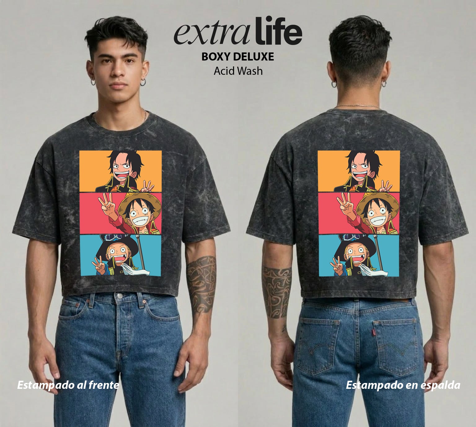 Playera streetwear premium de anime y gaming ExtraLife MX, corte boxy deluxe mineral wash heavyweight en color Acid Wash, moda urbana mexicana de culto.