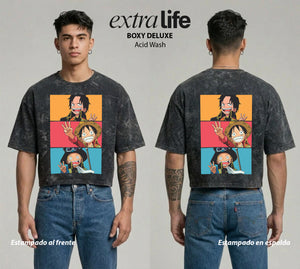 Playera streetwear premium de anime y gaming ExtraLife MX, corte boxy deluxe mineral wash heavyweight en color Acid Wash, moda urbana mexicana de culto.