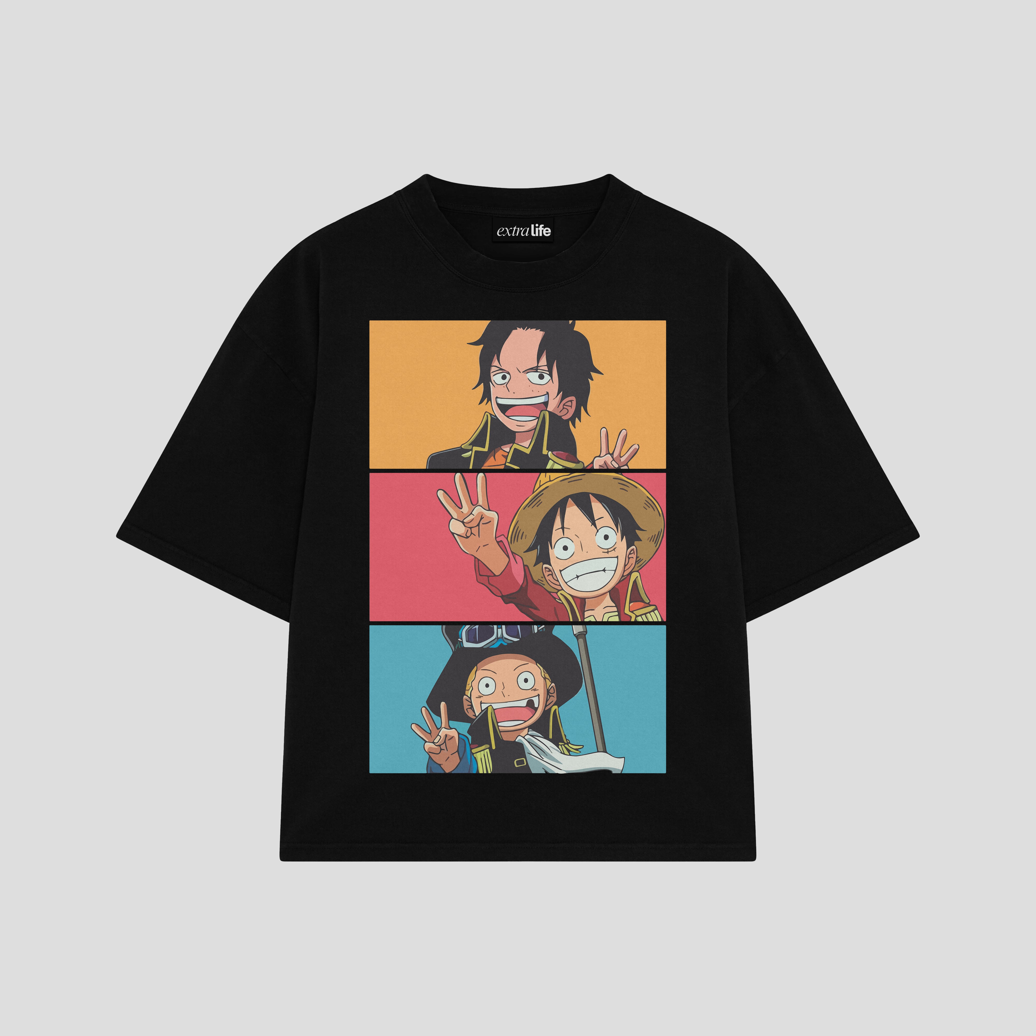 Playera streetwear premium de anime y gaming ExtraLife MX, corte boxy oversized drop shoulder heavyweight en color Deep Black y Off-White, moda urbana mexicana de culto.