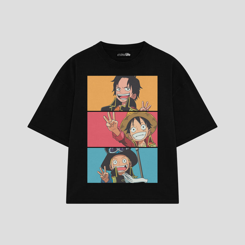 Playera streetwear premium de anime y gaming ExtraLife MX, corte boxy oversized drop shoulder heavyweight en color Deep Black y Off-White, moda urbana mexicana de culto.