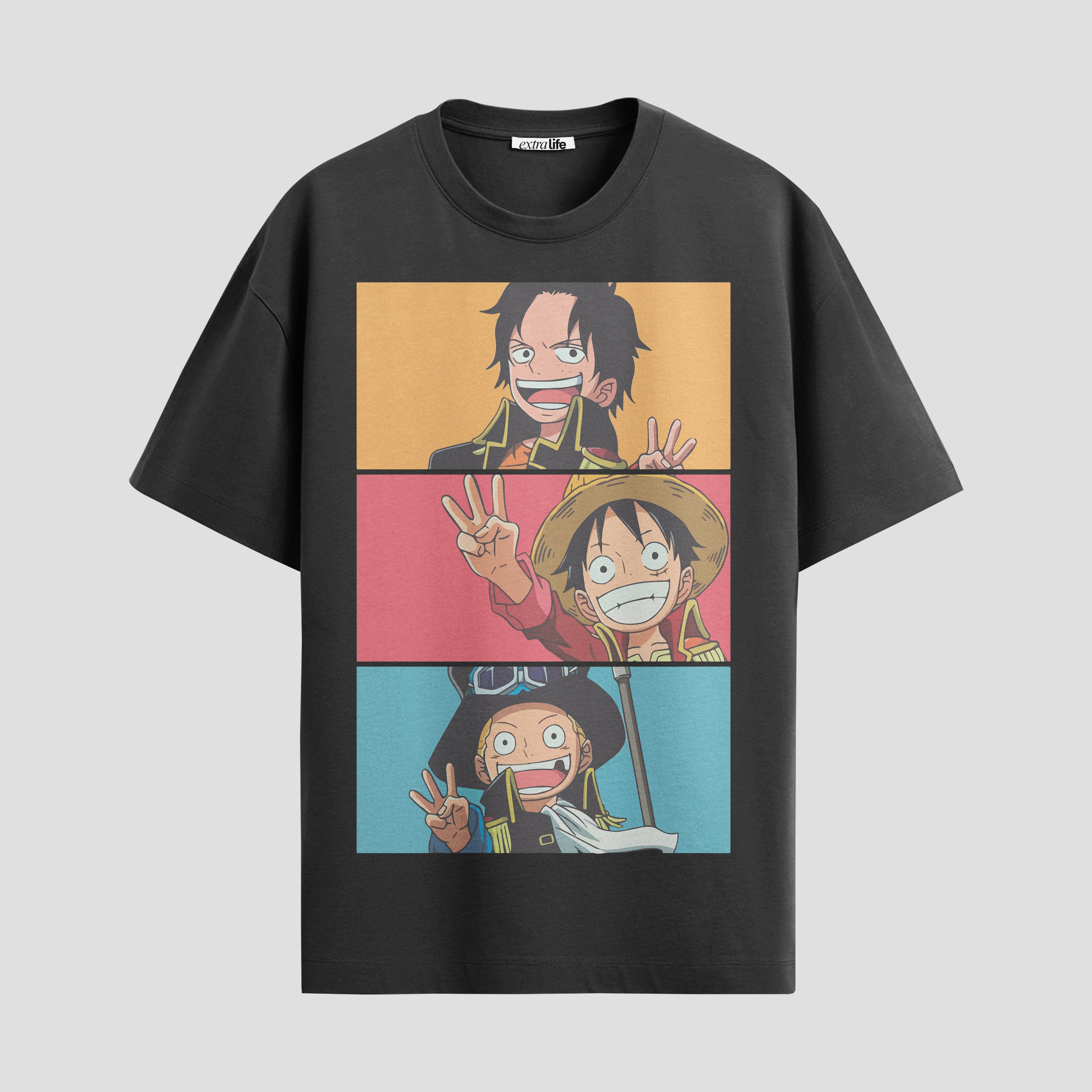 Playera urbana de anime y gaming ExtraLife MX, corte Standard Fit unisex ligero y transpirable en color Deep Black y Pure White, ropa de uso diario para gym y casual.