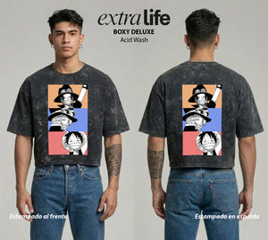 Playera streetwear premium de anime y gaming ExtraLife MX, corte boxy deluxe mineral wash heavyweight en color Acid Wash, moda urbana mexicana de culto.