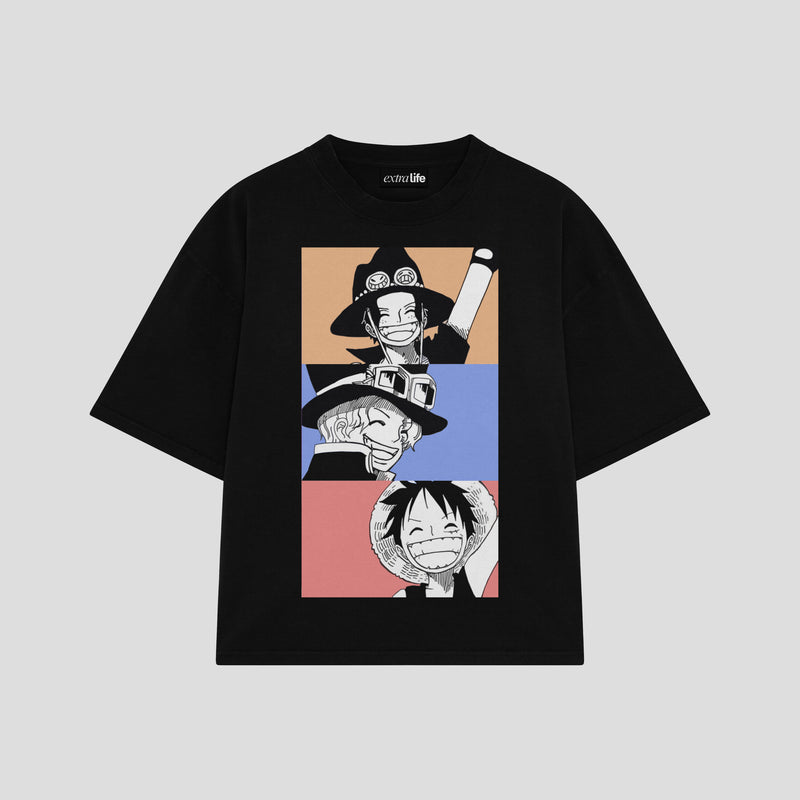 Playera streetwear premium de anime y gaming ExtraLife MX, corte boxy oversized drop shoulder heavyweight en color Deep Black y Off-White, moda urbana mexicana de culto.